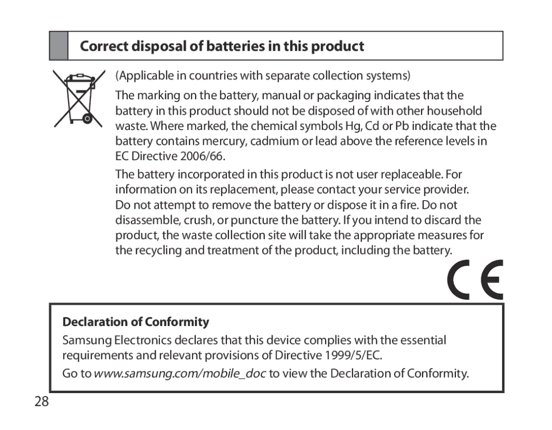 Samsung BHM6000EDECXEH manual Correct disposal of batteries in this product, Declaration of Conformity 