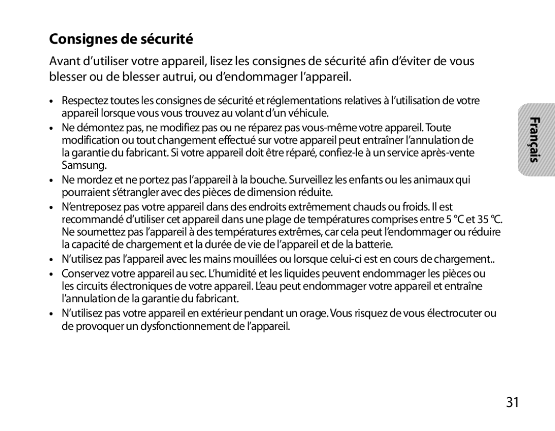 Samsung BHM6000EDECXEH manual Consignes de sécurité 