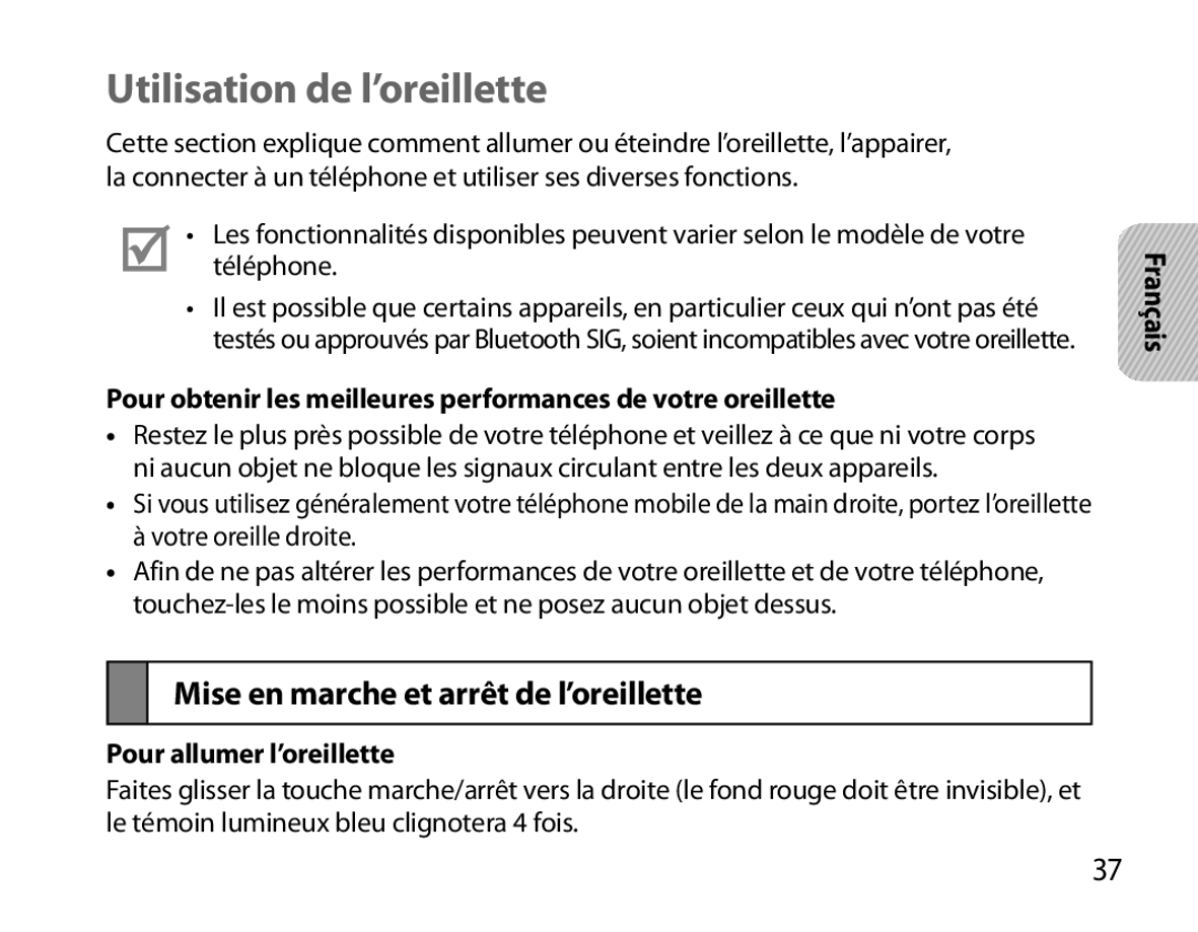 Samsung BHM6000EDECXEH Utilisation de l’oreillette, Mise en marche et arrêt de l’oreillette, Pour allumer l’oreillette 