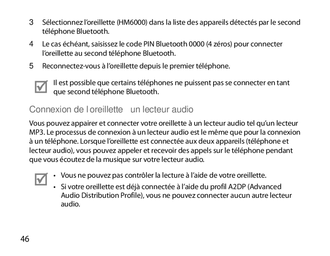 Samsung BHM6000EDECXEH manual Connexion de l’oreillette à un lecteur audio 