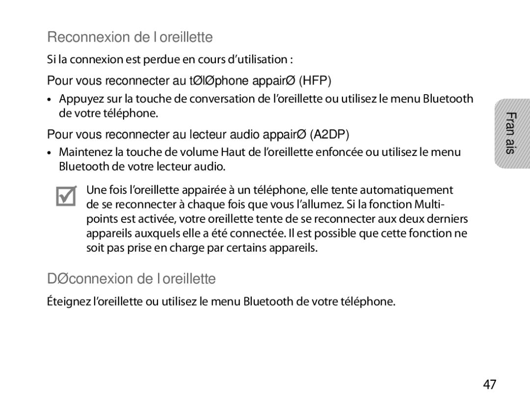 Samsung BHM6000EDECXEH manual Reconnexion de l’oreillette, Déconnexion de l’oreillette 