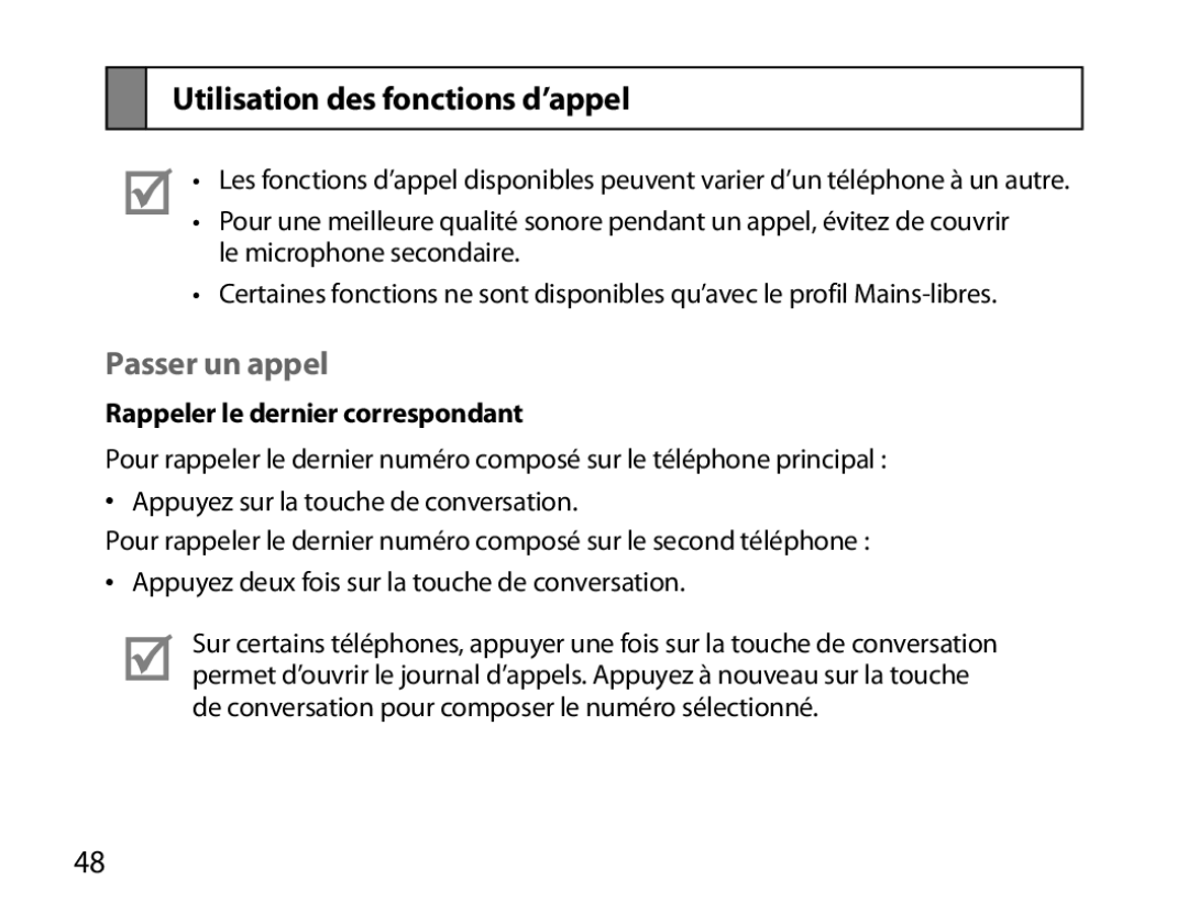 Samsung BHM6000EDECXEH manual Utilisation des fonctions d’appel, Passer un appel, Rappeler le dernier correspondant 