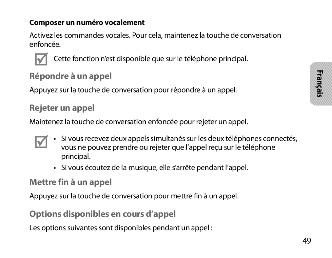 Samsung BHM6000EDECXEH Répondre à un appel, Rejeter un appel, Mettre fin à un appel, Options disponibles en cours d’appel 