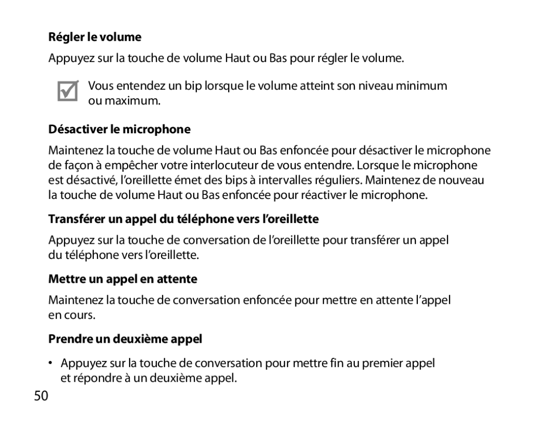 Samsung BHM6000EDECXEH Régler le volume, Désactiver le microphone, Transférer un appel du téléphone vers l’oreillette 