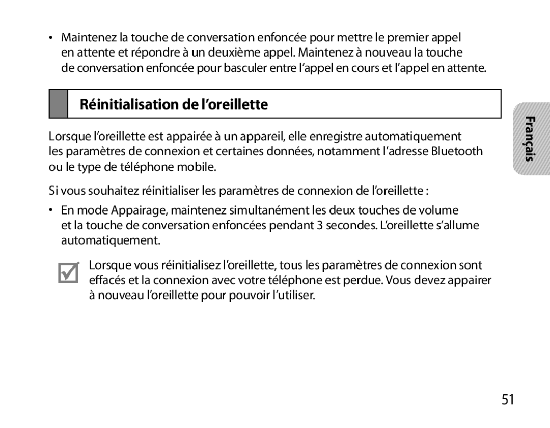 Samsung BHM6000EDECXEH manual Réinitialisation de l’oreillette 