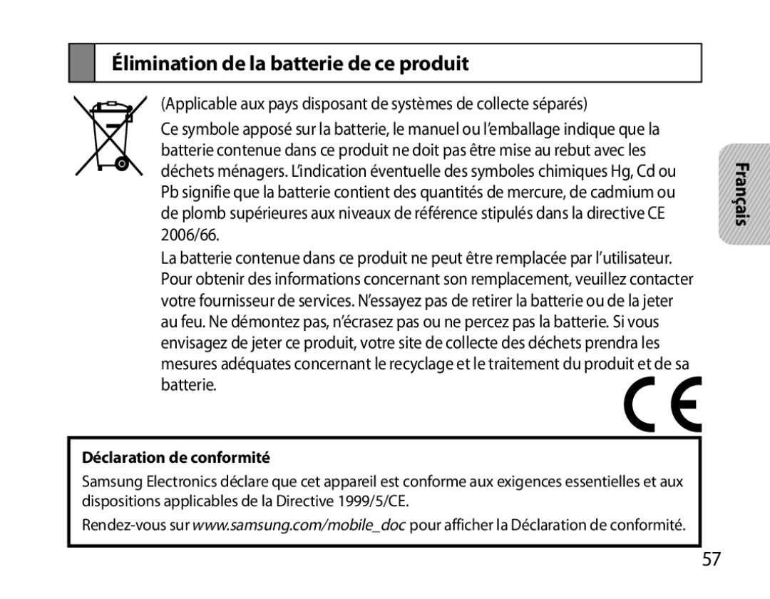 Samsung BHM6000EDECXEH manual Élimination de la batterie de ce produit, Déclaration de conformité 