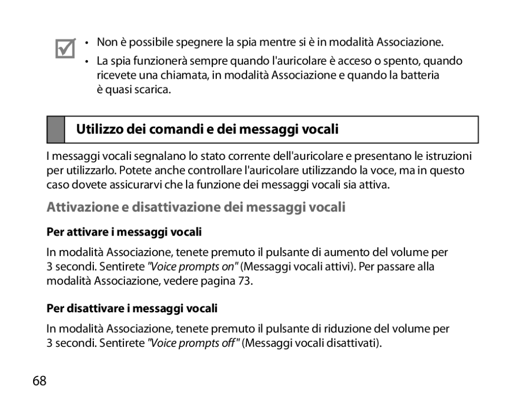 Samsung BHM6000EDECXEH manual Utilizzo dei comandi e dei messaggi vocali, Attivazione e disattivazione dei messaggi vocali 