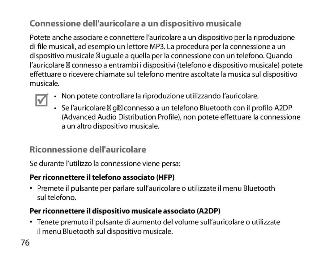 Samsung BHM6000EDECXEH manual Connessione dellauricolare a un dispositivo musicale, Riconnessione dellauricolare 