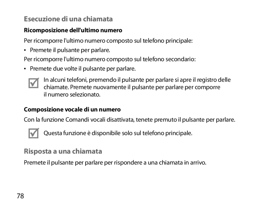 Samsung BHM6000EDECXEH manual Esecuzione di una chiamata, Risposta a una chiamata, Ricomposizione dellultimo numero 