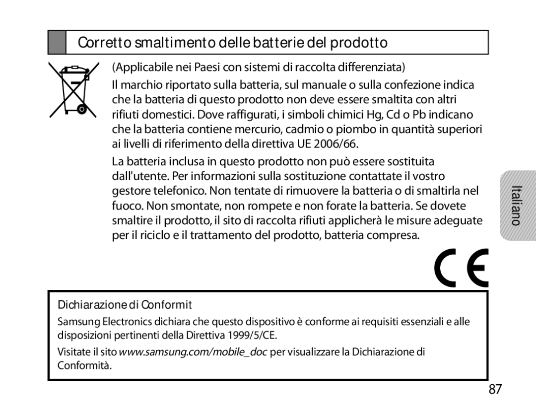 Samsung BHM6000EDECXEH manual Corretto smaltimento delle batterie del prodotto, Dichiarazione di Conformità 