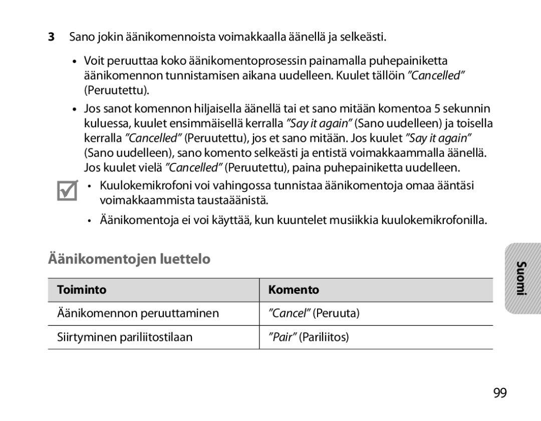 Samsung BHM6000EDECXEH manual Äänikomentojen luettelo, Toiminto Komento 