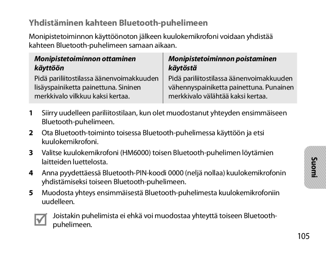 Samsung BHM6000EDECXEH manual Yhdistäminen kahteen Bluetooth-puhelimeen, 105 