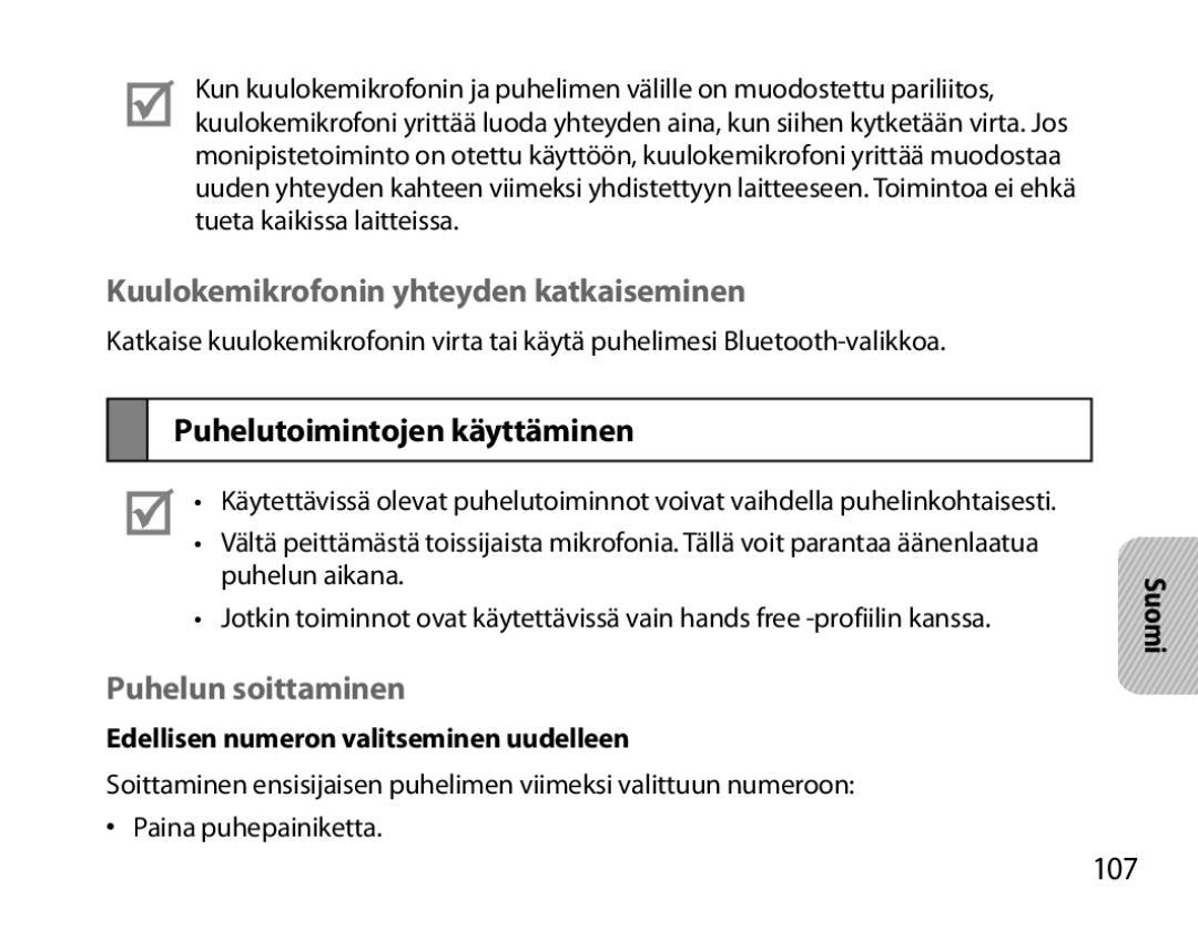 Samsung BHM6000EDECXEH Kuulokemikrofonin yhteyden katkaiseminen, Puhelutoimintojen käyttäminen, Puhelun soittaminen, 107 