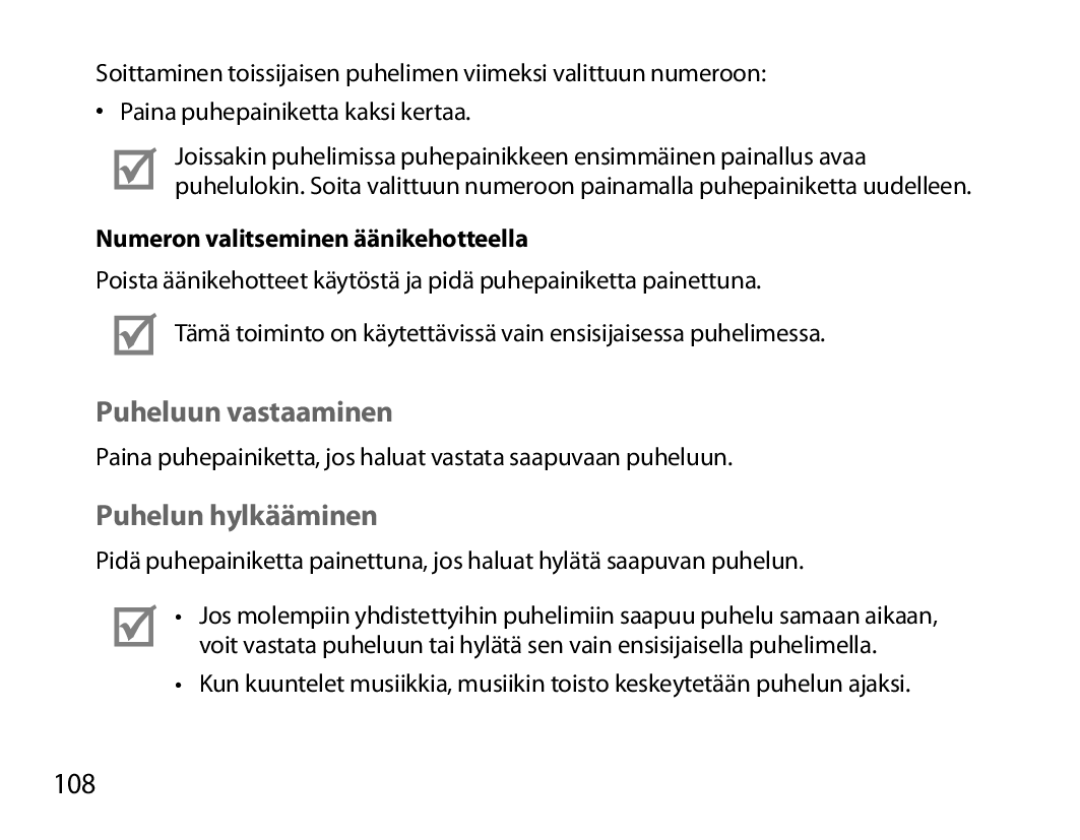 Samsung BHM6000EDECXEH manual Puheluun vastaaminen, Puhelun hylkääminen, 108, Numeron valitseminen äänikehotteella 