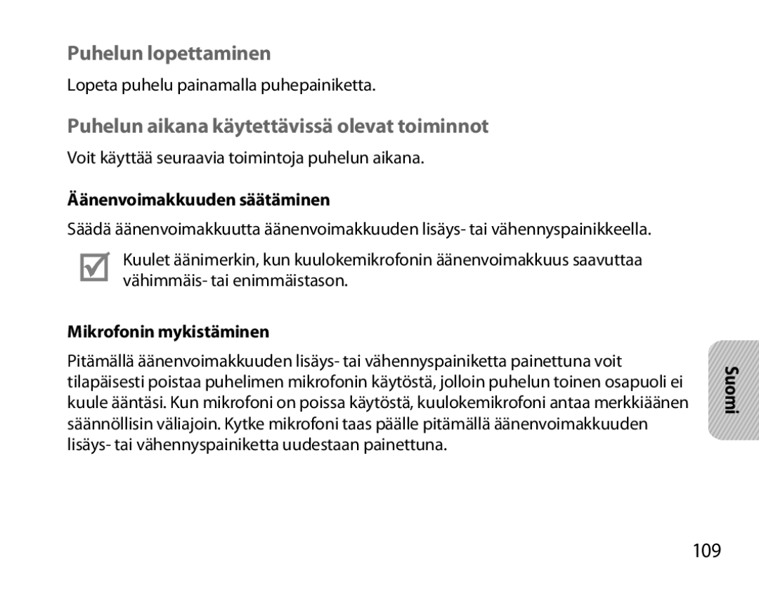 Samsung BHM6000EDECXEH Puhelun lopettaminen, Puhelun aikana käytettävissä olevat toiminnot, 109, Mikrofonin mykistäminen 