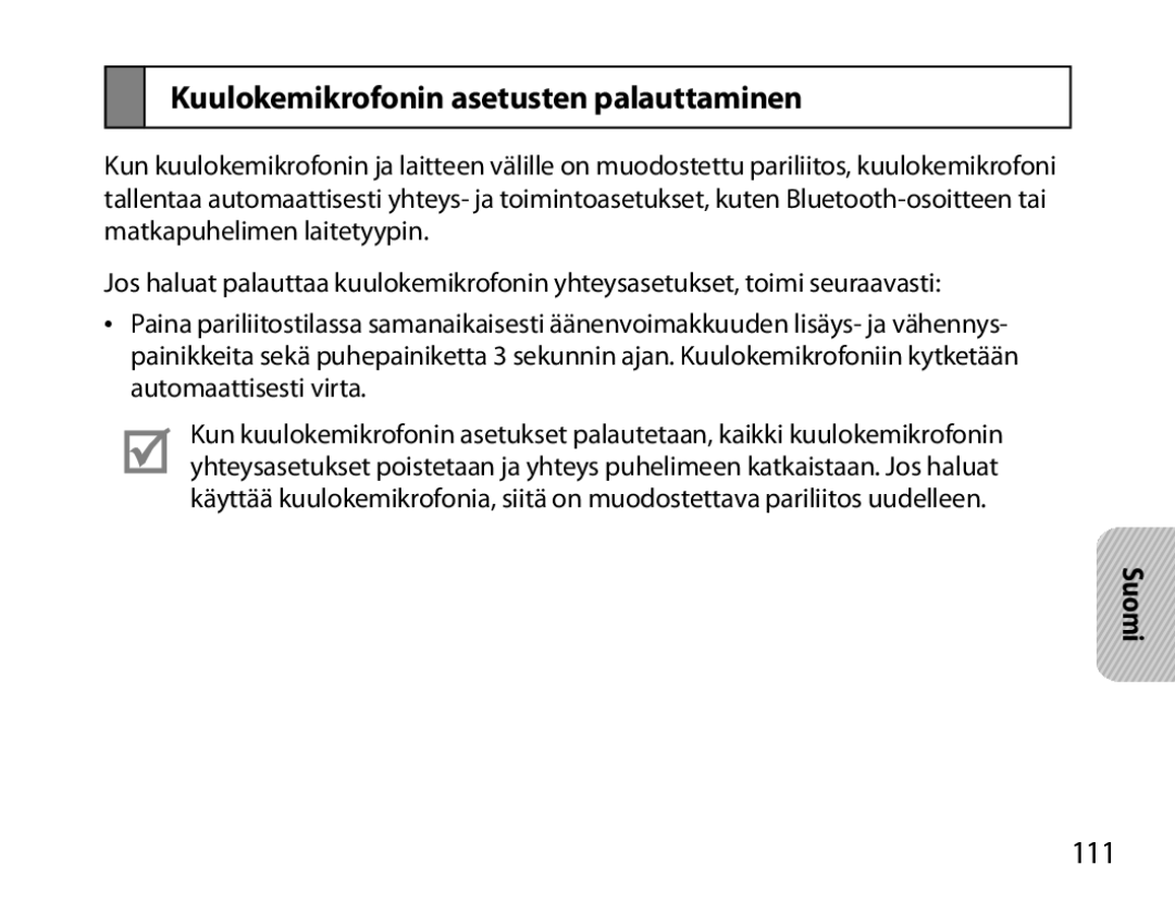 Samsung BHM6000EDECXEH manual Kuulokemikrofonin asetusten palauttaminen, 111 