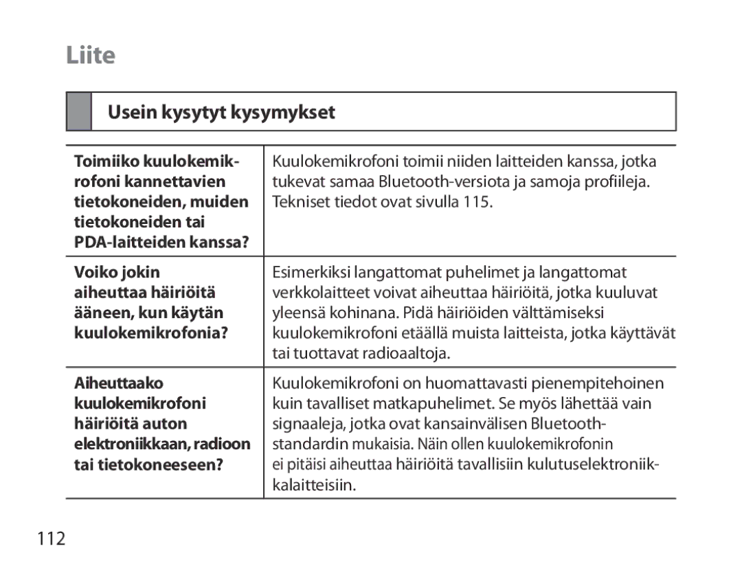 Samsung BHM6000EDECXEH manual Liite, Usein kysytyt kysymykset, 112 