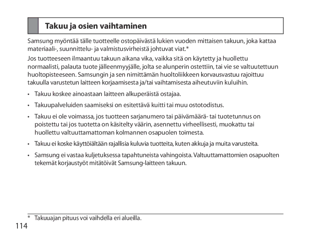 Samsung BHM6000EDECXEH manual Takuu ja osien vaihtaminen, 114 