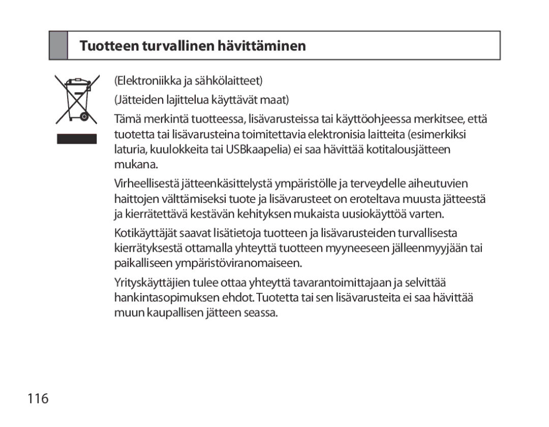 Samsung BHM6000EDECXEH manual Tuotteen turvallinen hävittäminen, 116 