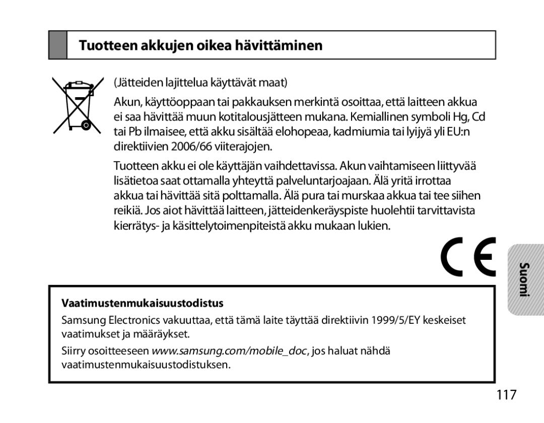 Samsung BHM6000EDECXEH manual Tuotteen akkujen oikea hävittäminen, 117 