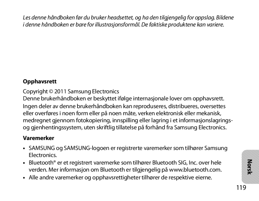 Samsung BHM6000EDECXEH manual 119, Opphavsrett, Varemerker 