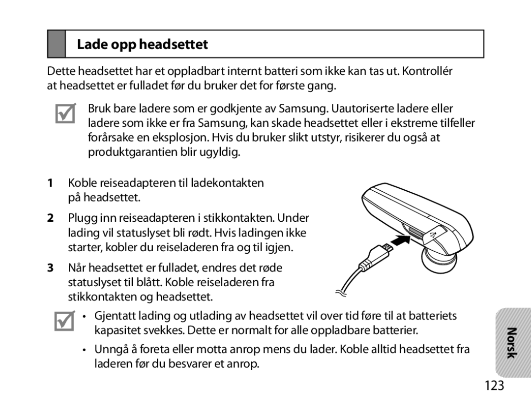 Samsung BHM6000EDECXEH manual Lade opp headsettet, 123 