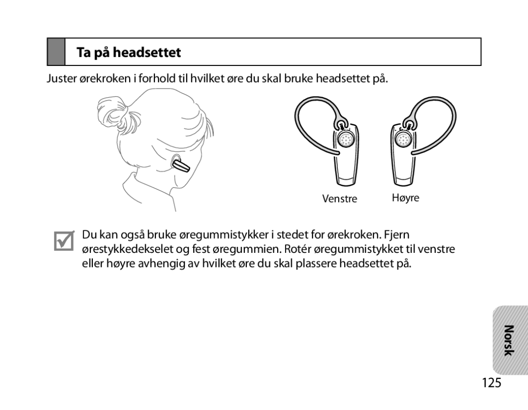 Samsung BHM6000EDECXEH manual Ta på headsettet, 125, Norsk 