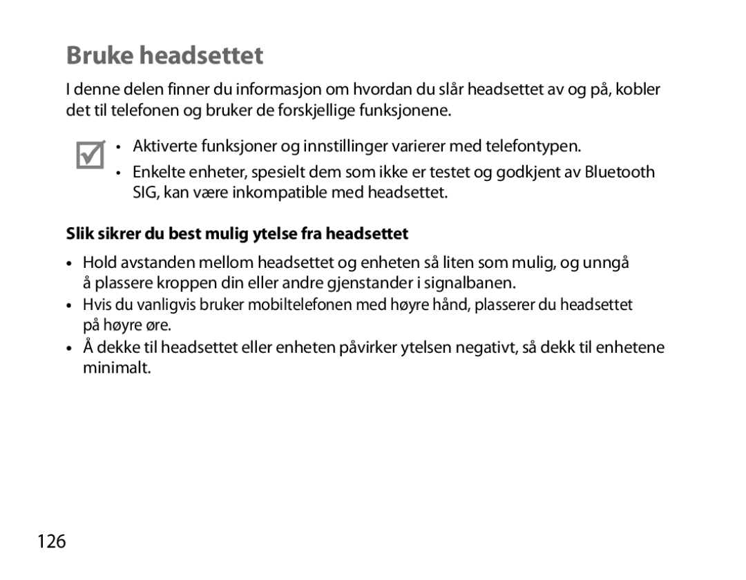 Samsung BHM6000EDECXEH manual Bruke headsettet, 126, Slik sikrer du best mulig ytelse fra headsettet 