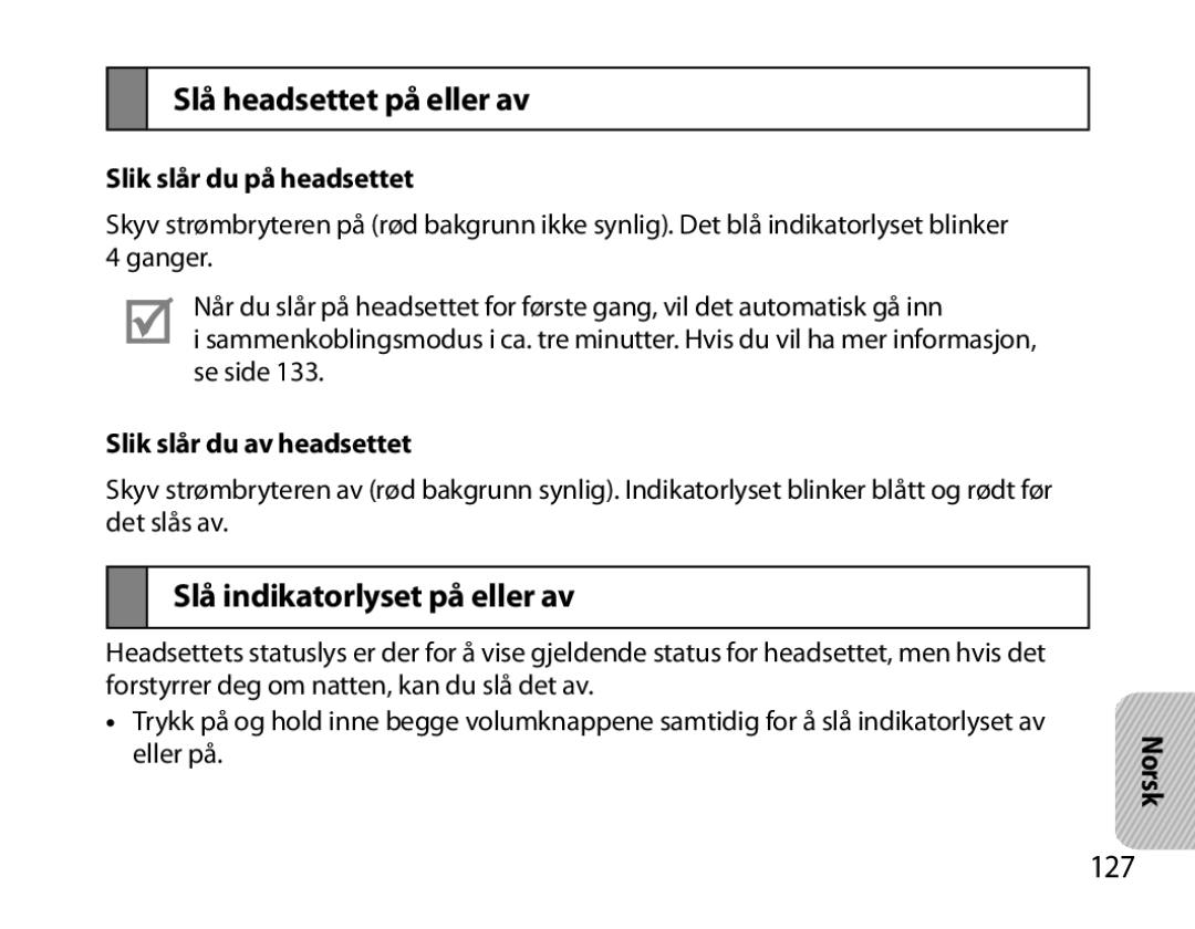 Samsung BHM6000EDECXEH manual Slå headsettet på eller av, Slå indikatorlyset på eller av, 127 