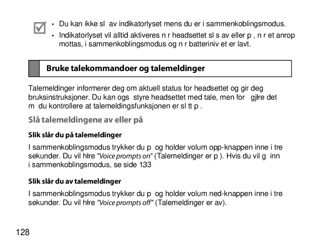 Samsung BHM6000EDECXEH manual Bruke talekommandoer og talemeldinger, Slå talemeldingene av eller på, 128 