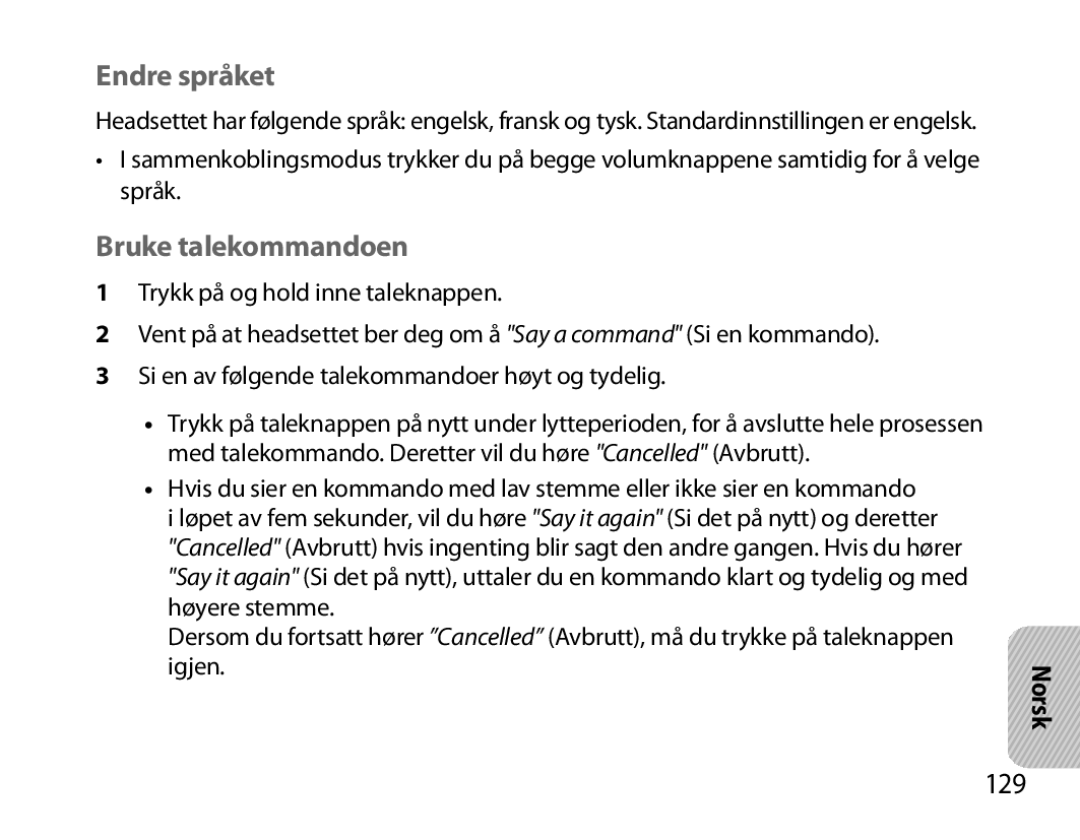 Samsung BHM6000EDECXEH manual Endre språket, Bruke talekommandoen, 129 