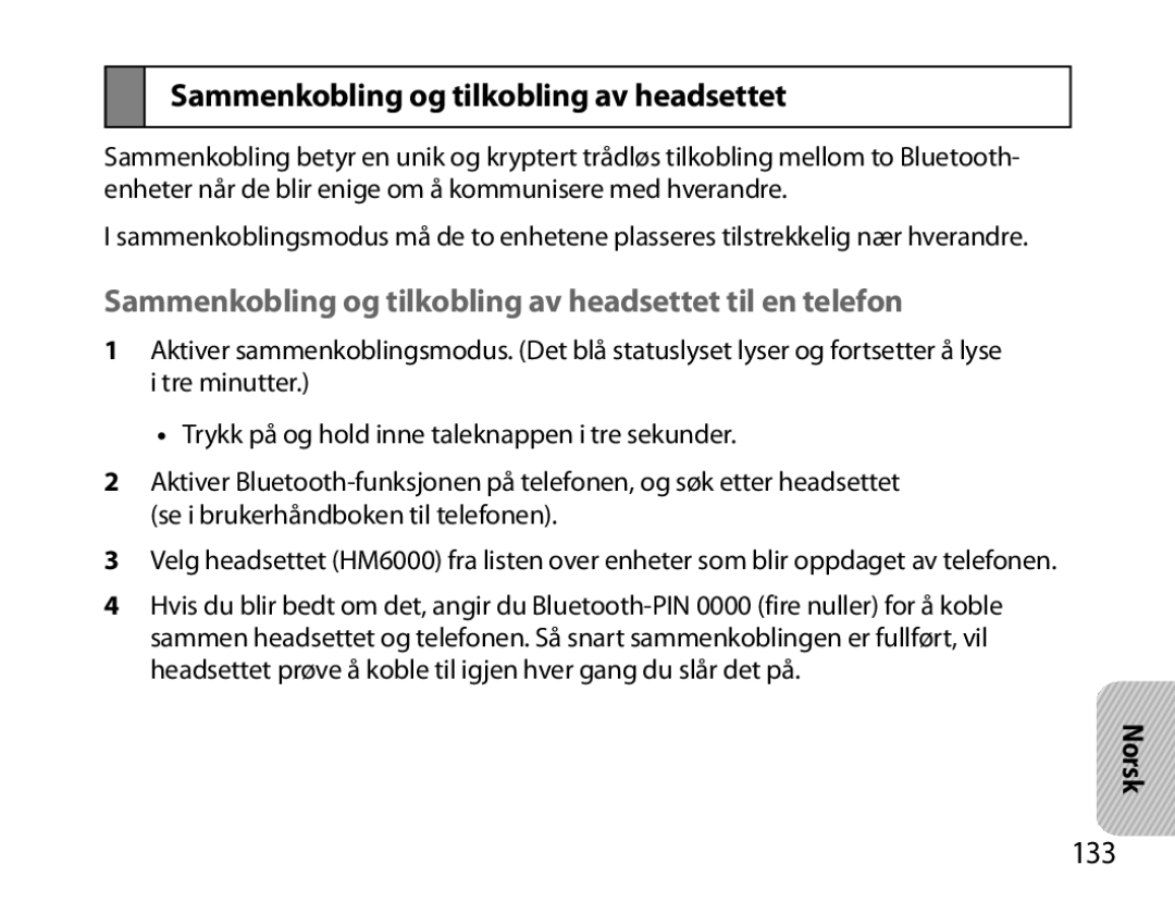 Samsung BHM6000EDECXEH manual Sammenkobling og tilkobling av headsettet til en telefon, 133 