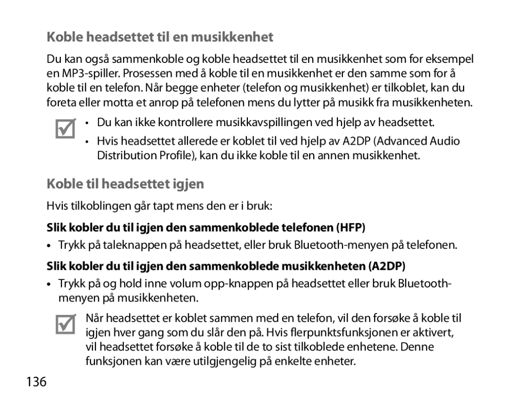 Samsung BHM6000EDECXEH manual Koble headsettet til en musikkenhet, Koble til headsettet igjen, 136 