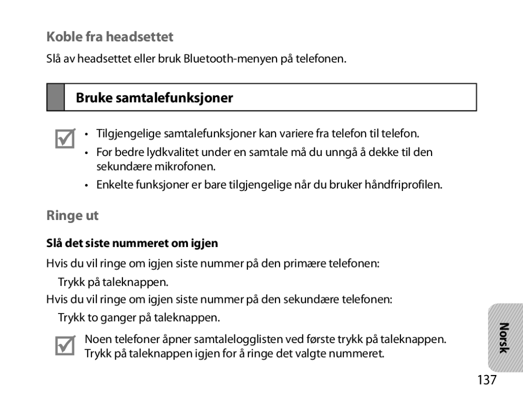 Samsung BHM6000EDECXEH manual Koble fra headsettet, Bruke samtalefunksjoner, Ringe ut, 137, Slå det siste nummeret om igjen 