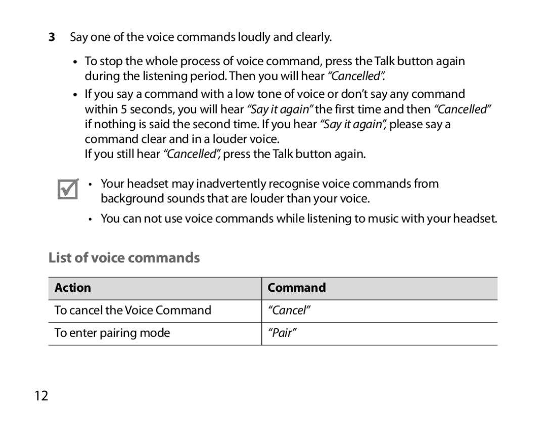 Samsung BHM6000EDECXEH manual List of voice commands, Action Command 