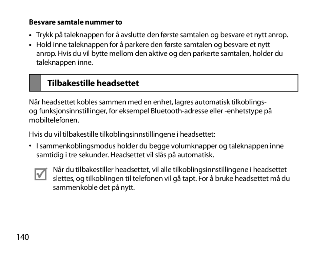 Samsung BHM6000EDECXEH manual Tilbakestille headsettet, 140, Besvare samtale nummer to 