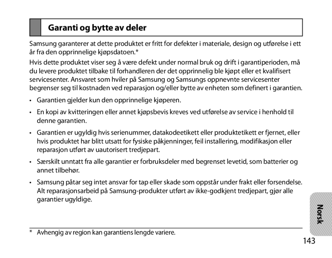 Samsung BHM6000EDECXEH manual Garanti og bytte av deler, 143 