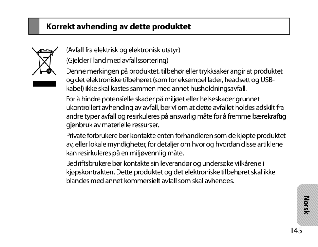 Samsung BHM6000EDECXEH manual Korrekt avhending av dette produktet, 145 