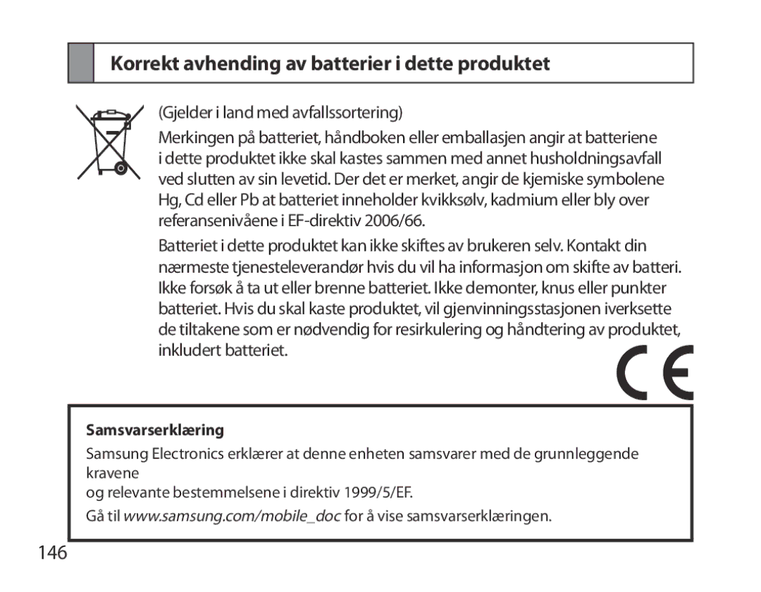 Samsung BHM6000EDECXEH manual Korrekt avhending av batterier i dette produktet, 146 