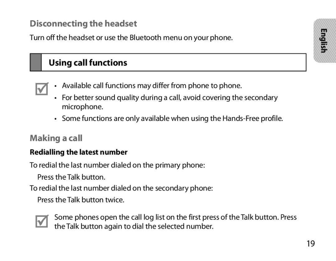 Samsung BHM6000EDECXEH manual Disconnecting the headset, Using call functions, Making a call, Redialling the latest number 