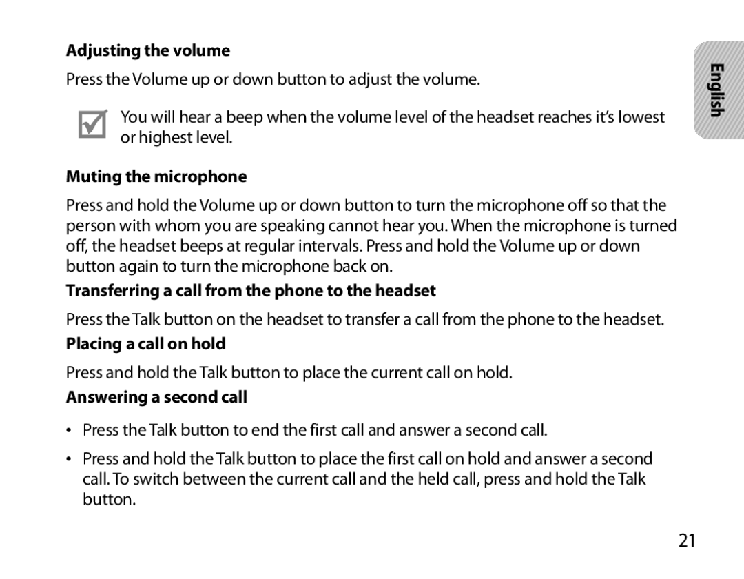 Samsung BHM6000EDECXEH Adjusting the volume, Muting the microphone, Transferring a call from the phone to the headset 