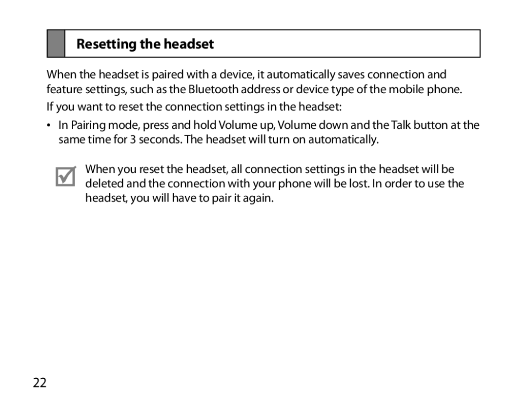 Samsung BHM6000EDECXEH manual Resetting the headset 