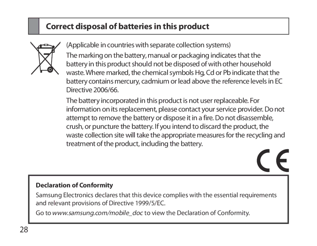 Samsung BHM6000EDECXEH manual Correct disposal of batteries in this product, Declaration of Conformity 