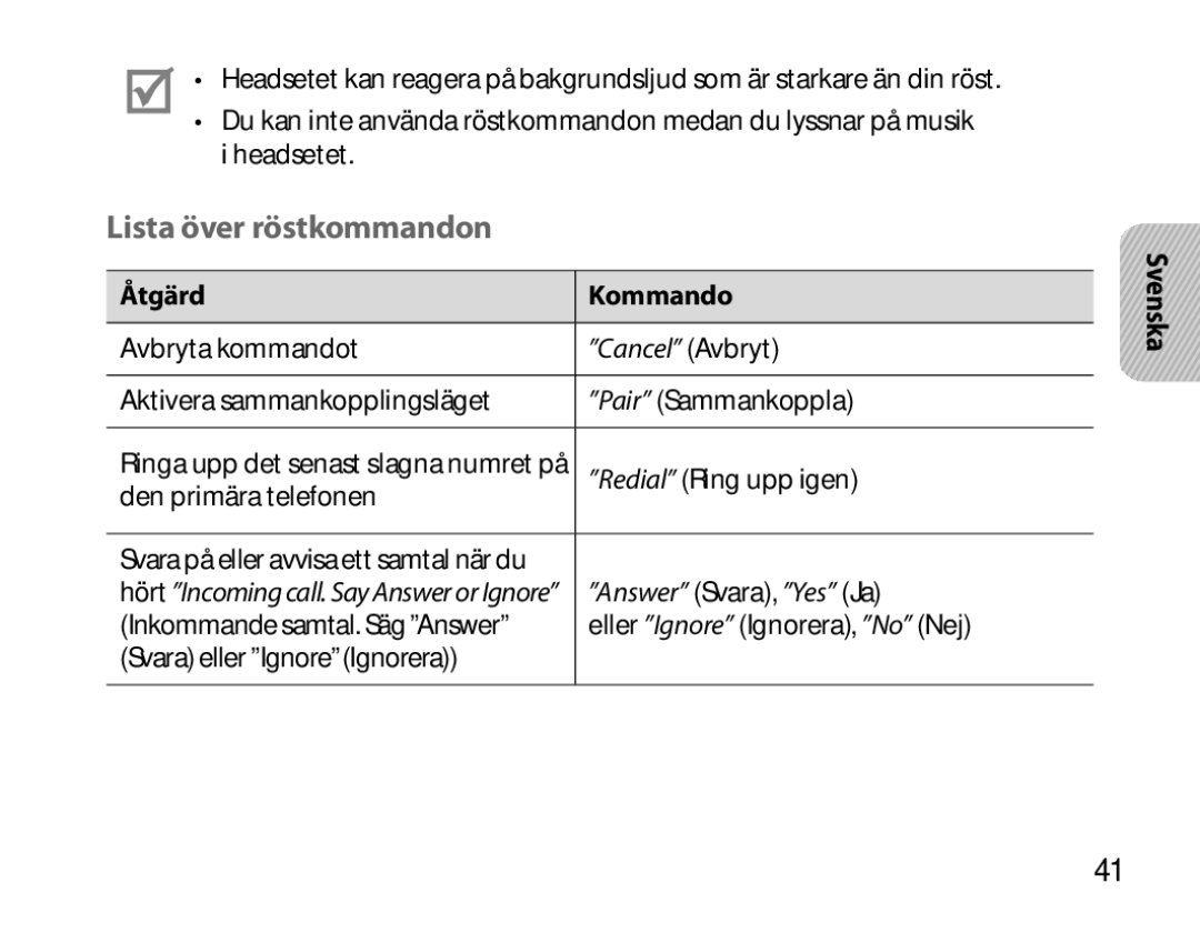 Samsung BHM6000EDECXEH manual Lista över röstkommandon, Åtgärd Kommando 