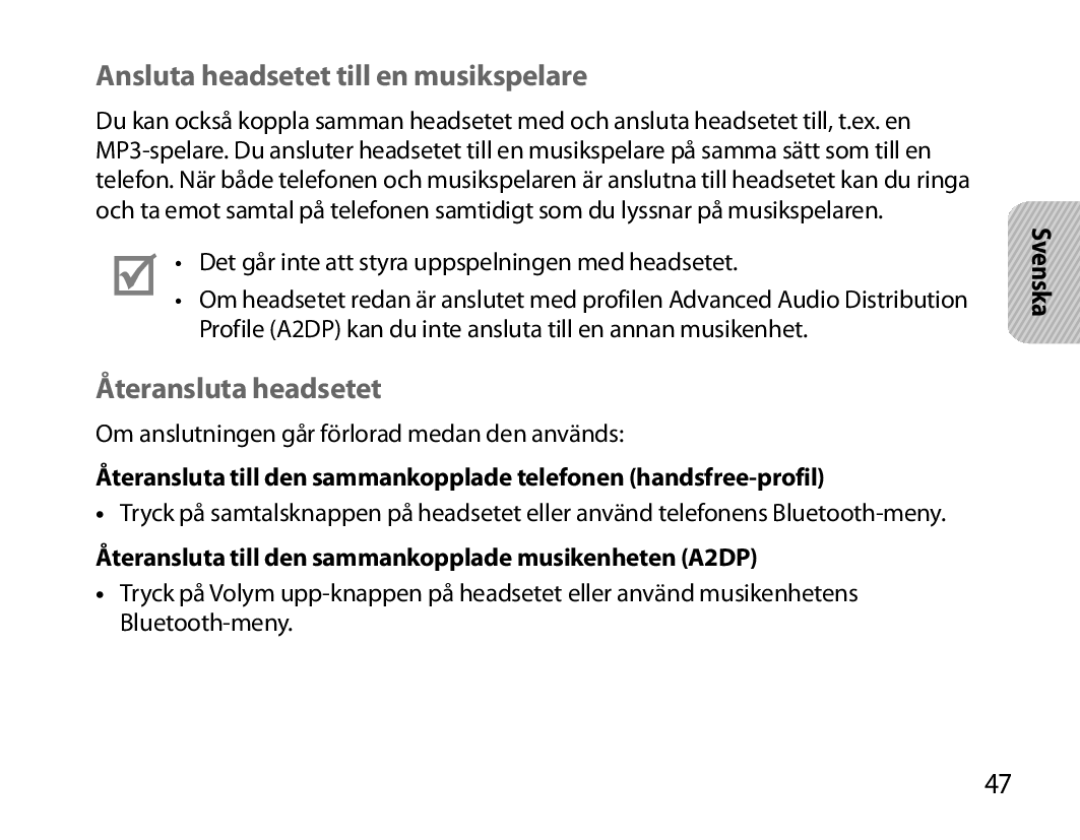 Samsung BHM6000EDECXEH manual Ansluta headsetet till en musikspelare, Återansluta headsetet 