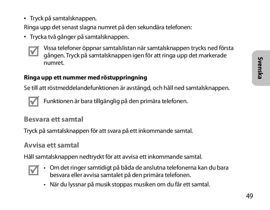 Samsung BHM6000EDECXEH manual Besvara ett samtal, Avvisa ett samtal, Ringa upp ett nummer med röstuppringning 