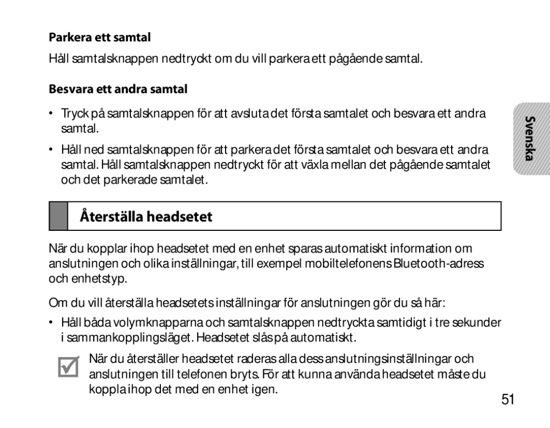 Samsung BHM6000EDECXEH manual Återställa headsetet, Parkera ett samtal, Besvara ett andra samtal 