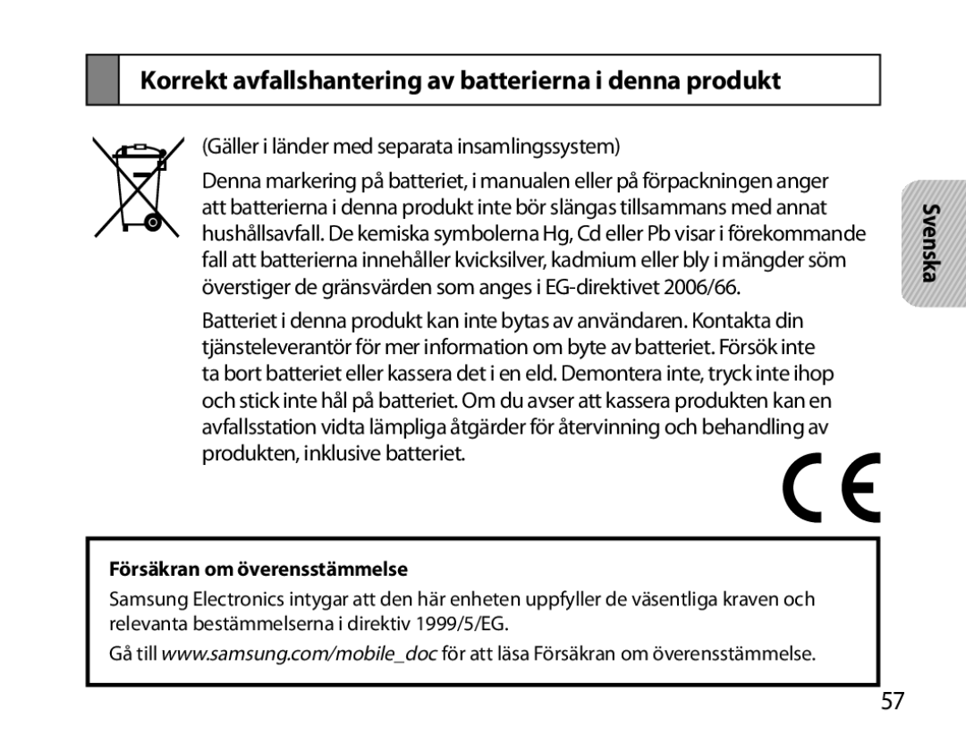 Samsung BHM6000EDECXEH manual Korrekt avfallshantering av batterierna i denna produkt, Försäkran om överensstämmelse 