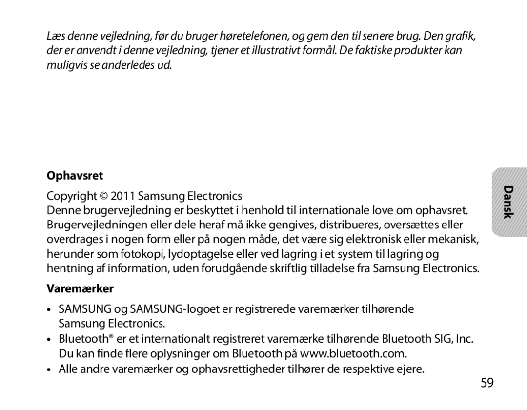 Samsung BHM6000EDECXEH manual Ophavsret, Varemærker, Dansk 
