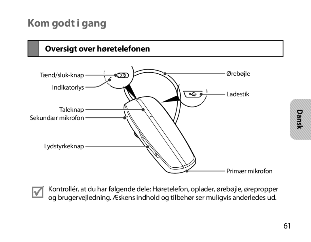 Samsung BHM6000EDECXEH manual Kom godt i gang, Oversigt over høretelefonen 